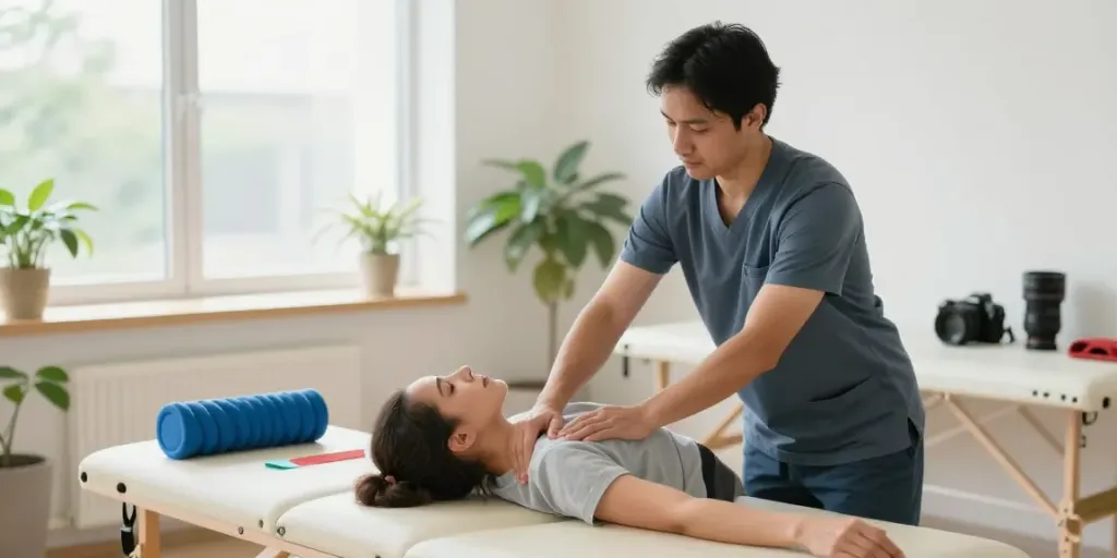 Nackenschmerzen behandeln in einer modernen Physiotherapiepraxis mit einem zertifizierten Therapeuten, der einem Patienten Anleitung zur Mobilisation gibt.