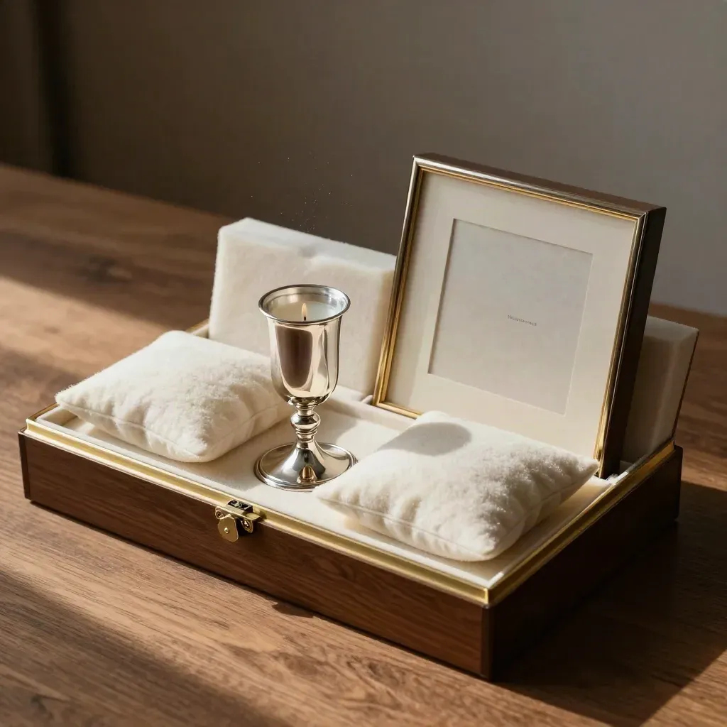 Offene Box mit Uhrenkissen, Silberkerzen, Kunstobjekt und Schutzschaum für Versicherungswerte.