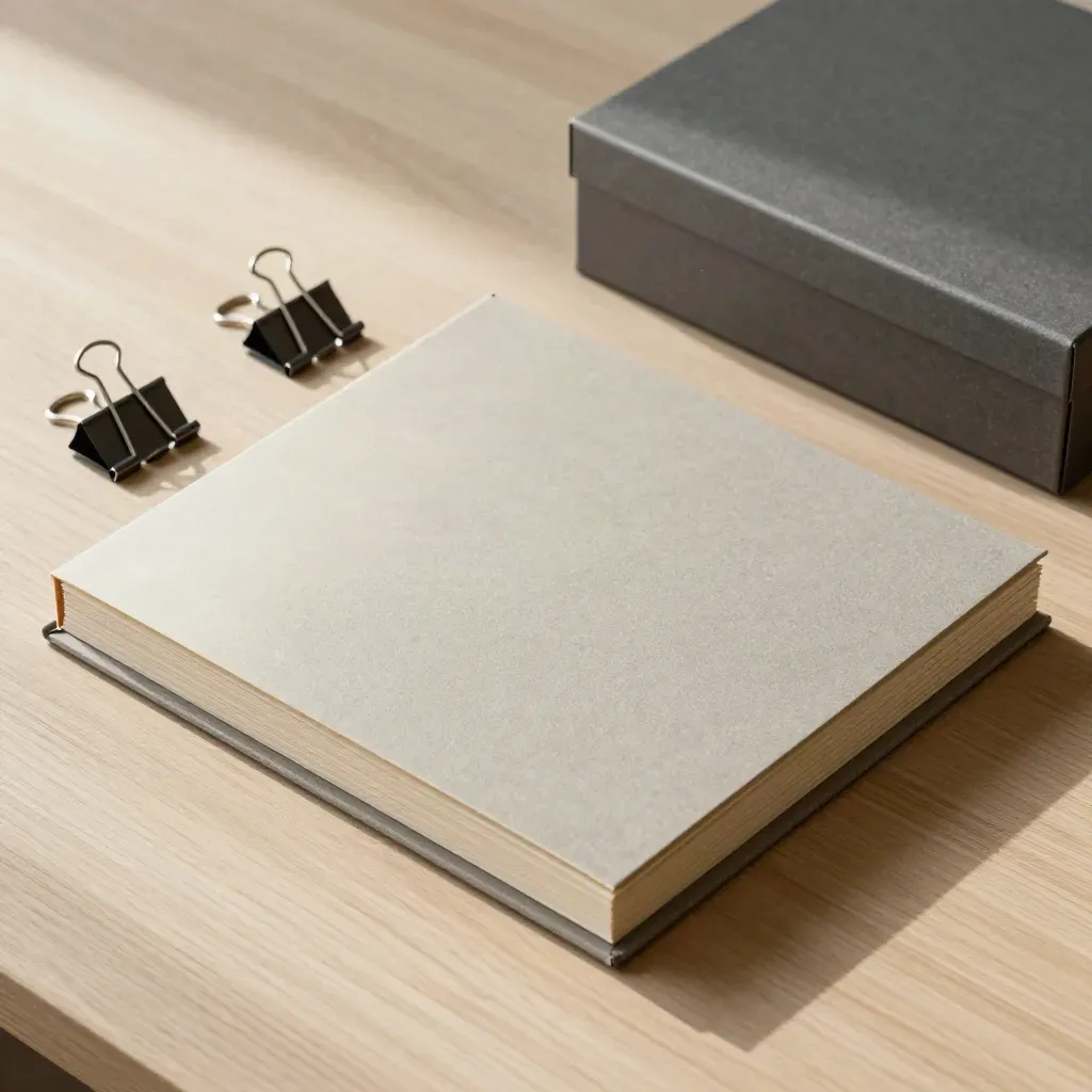 Archivmappen, Binder-Clips und Dokumentbox auf hellem Holz, von oben arrangiert.
