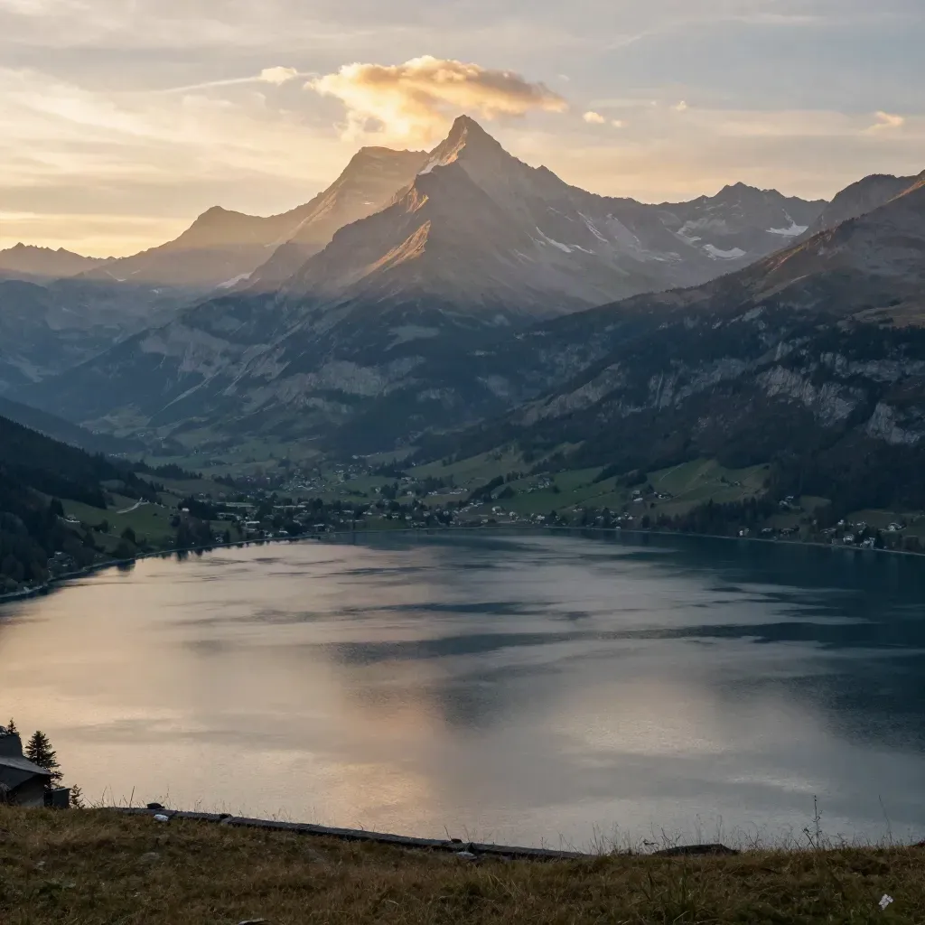 Vierwaldstättersee mit Rigi und Pilatus im goldenen Abendlicht und Bergdunst