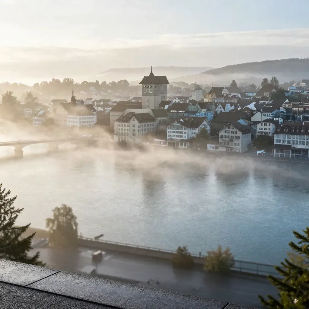 Zürich vom Uetliberg nach Regen, See und Stadt im Morgennebel
